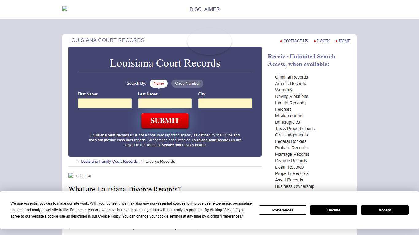 Louisiana Divorce Records Search LouisianaCourtRecords.us
